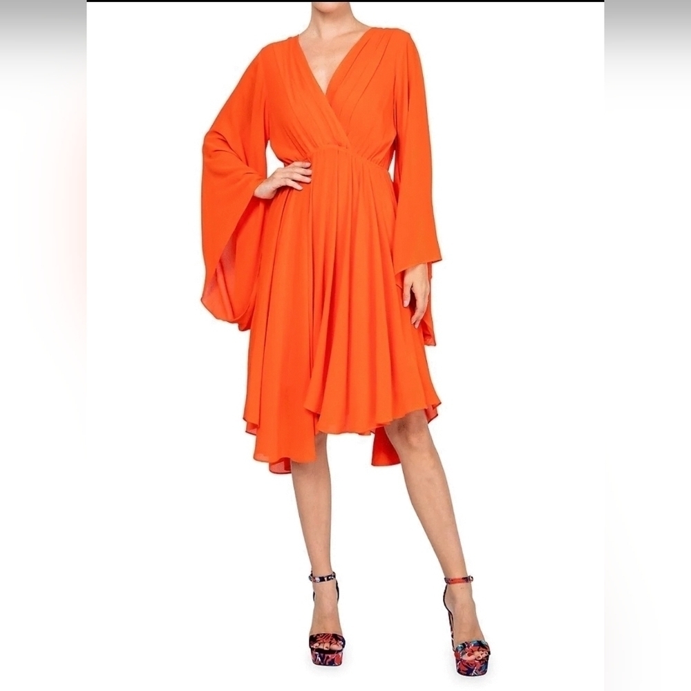 New Meghan L.A Sunset Angle Long Sleeve V-Neck Asymmetrical Dress Small Orange